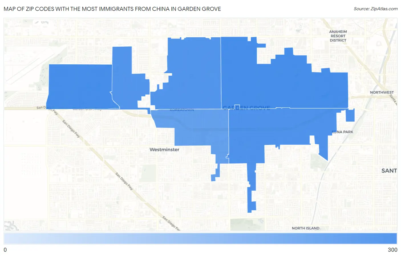 Zip Codes with the Most Immigrants from China in Garden Grove Map