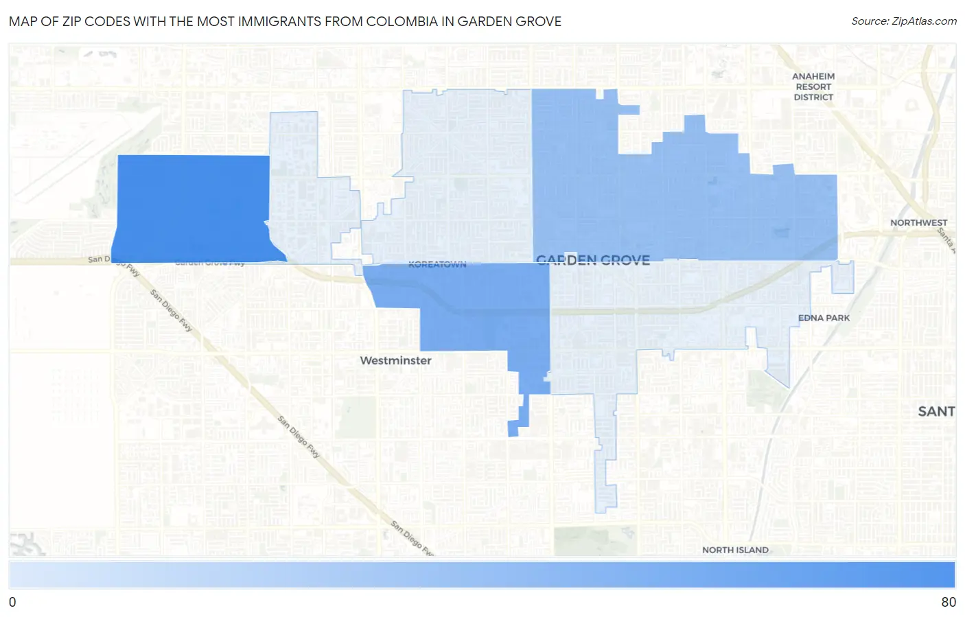 Zip Codes with the Most Immigrants from Colombia in Garden Grove Map