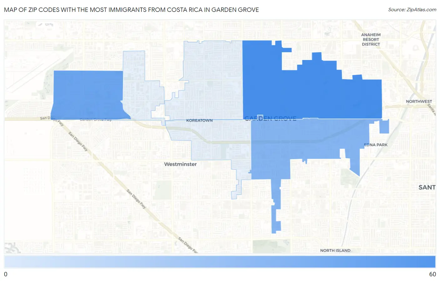 Zip Codes with the Most Immigrants from Costa Rica in Garden Grove Map