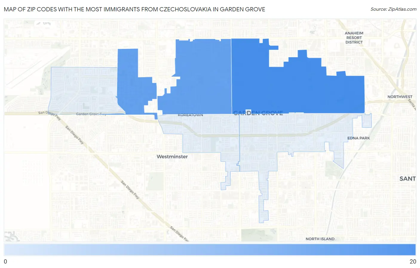 Zip Codes with the Most Immigrants from Czechoslovakia in Garden Grove Map