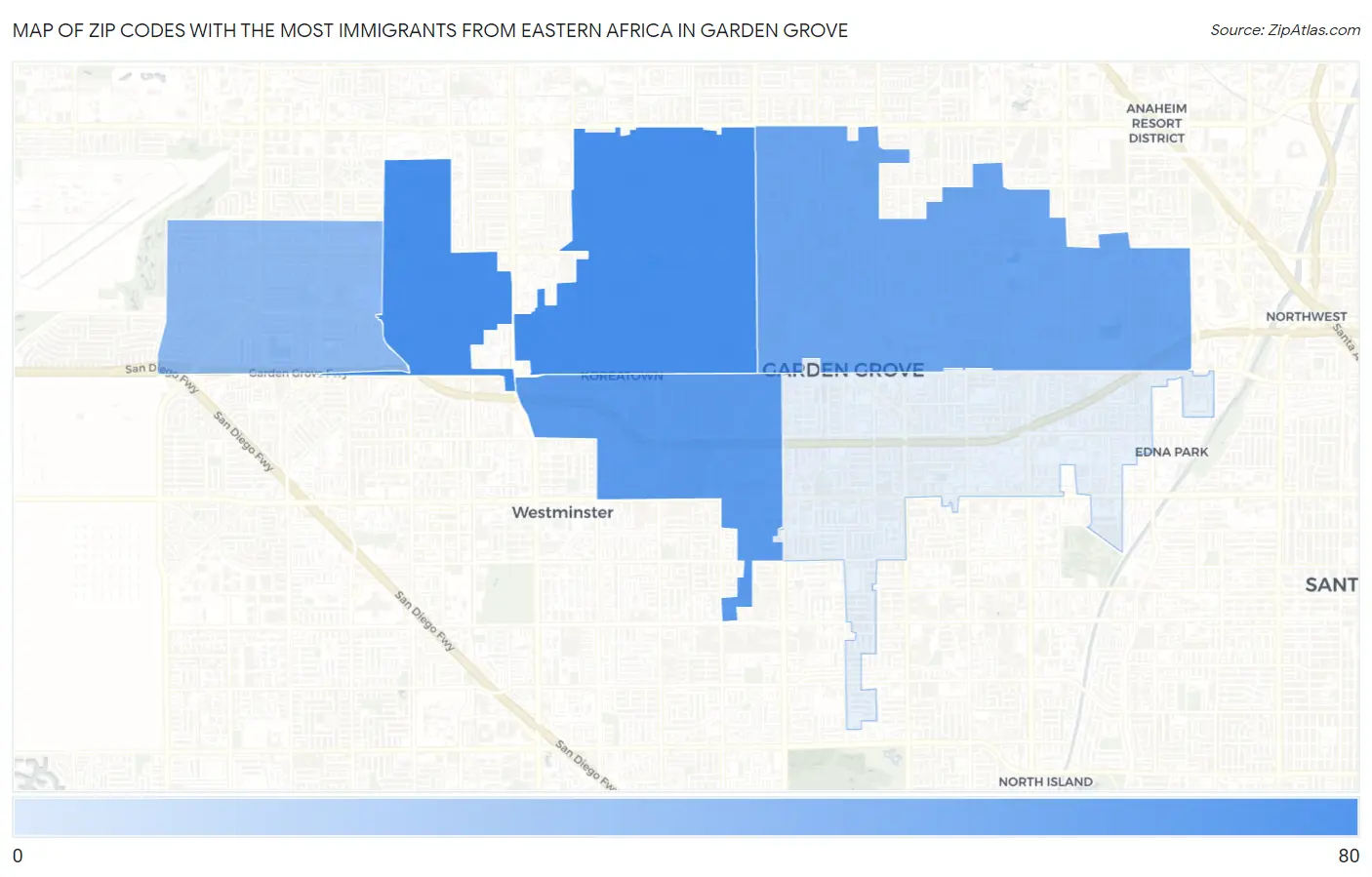 Zip Codes with the Most Immigrants from Eastern Africa in Garden Grove Map