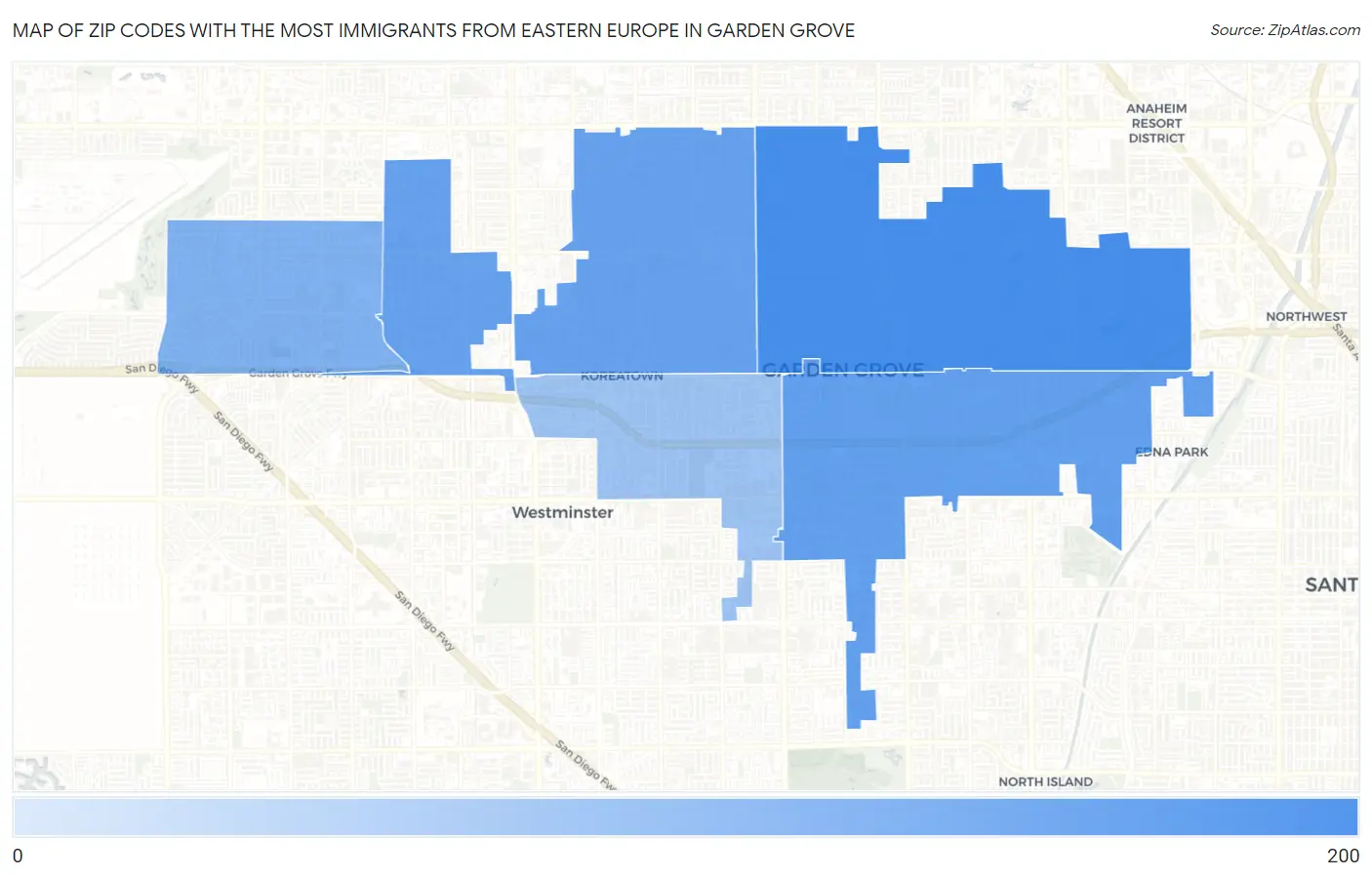 Zip Codes with the Most Immigrants from Eastern Europe in Garden Grove Map