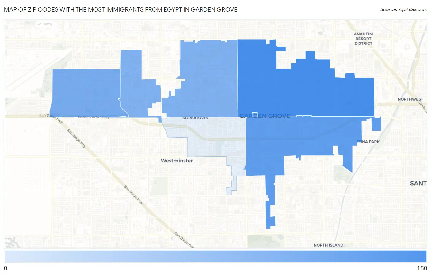 Zip Codes with the Most Immigrants from Egypt in Garden Grove Map