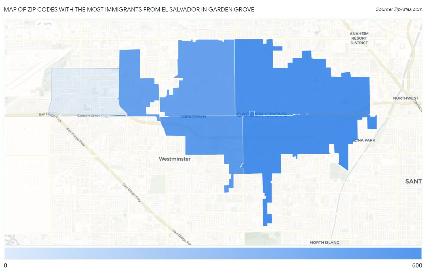 Zip Codes with the Most Immigrants from El Salvador in Garden Grove Map