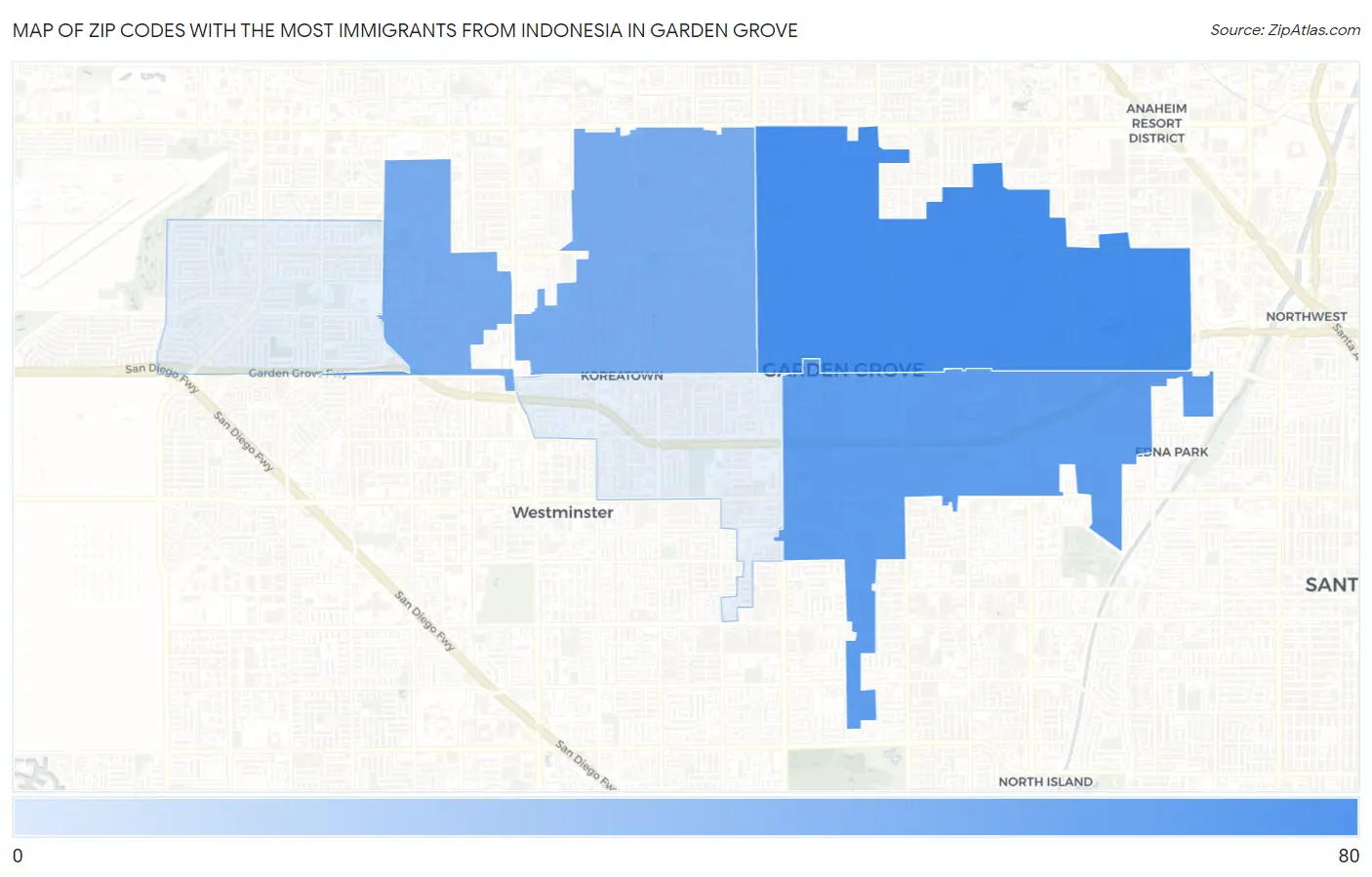 Zip Codes with the Most Immigrants from Indonesia in Garden Grove Map