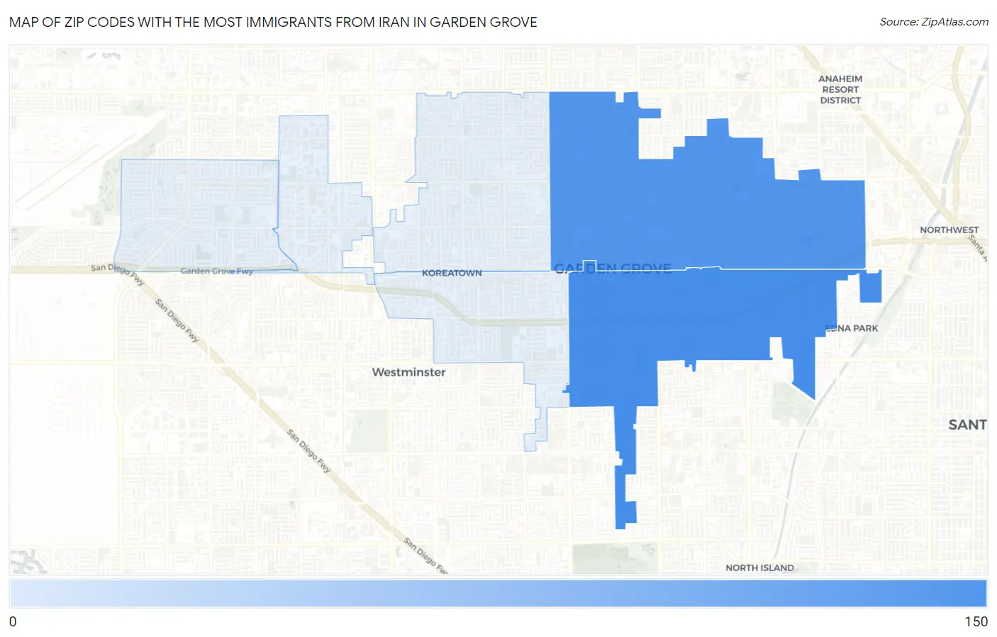 Zip Codes with the Most Immigrants from Iran in Garden Grove Map