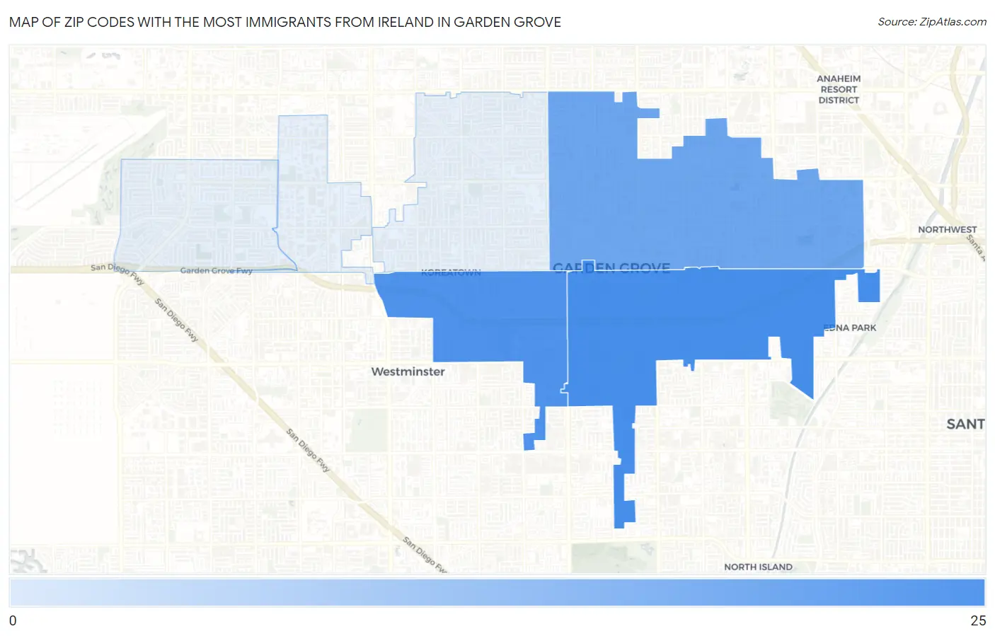 Zip Codes with the Most Immigrants from Ireland in Garden Grove Map