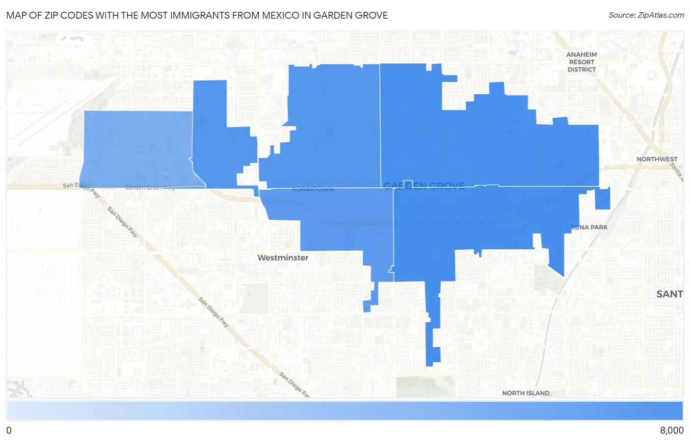 Zip Codes with the Most Immigrants from Mexico in Garden Grove Map