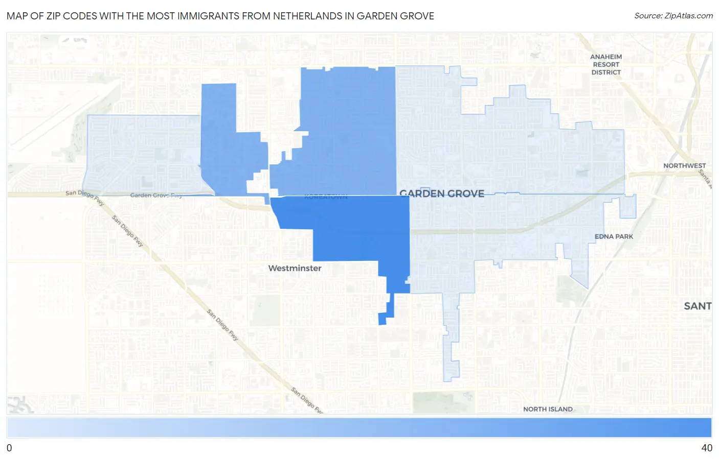 Zip Codes with the Most Immigrants from Netherlands in Garden Grove Map