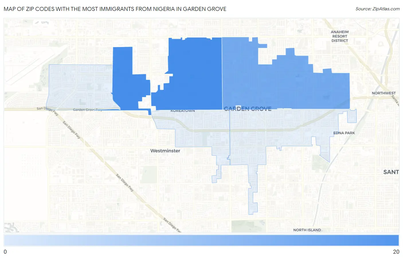 Zip Codes with the Most Immigrants from Nigeria in Garden Grove Map