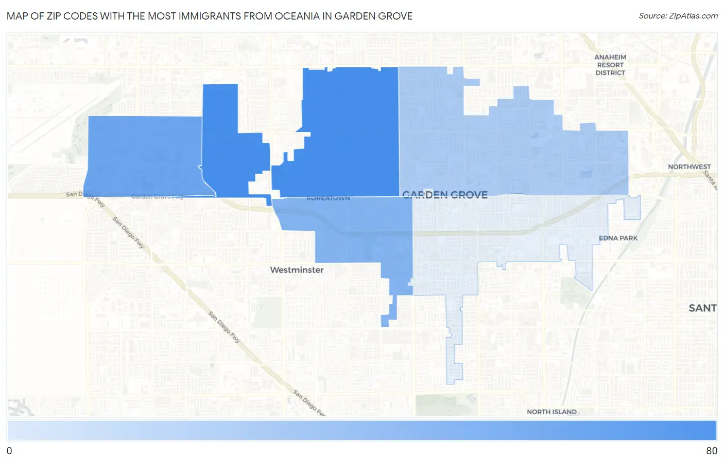 Zip Codes with the Most Immigrants from Oceania in Garden Grove Map