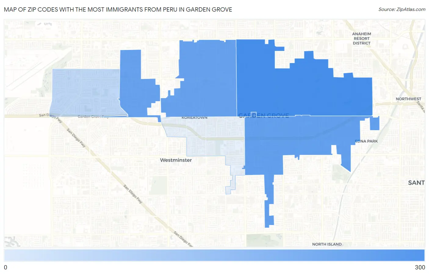 Zip Codes with the Most Immigrants from Peru in Garden Grove Map