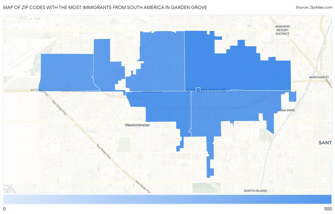 Zip Codes with the Most Immigrants from South America in Garden Grove Map