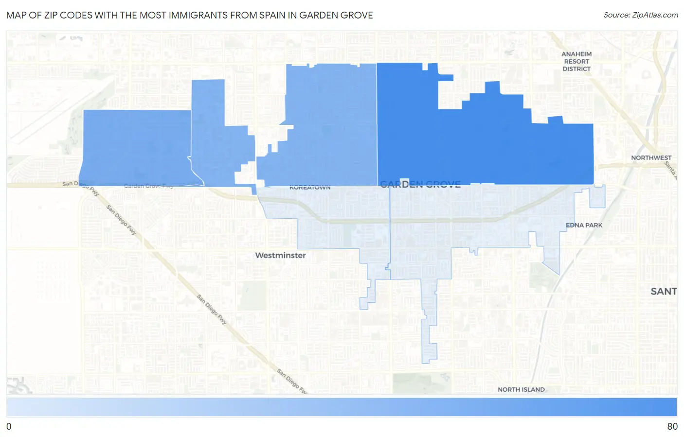 Zip Codes with the Most Immigrants from Spain in Garden Grove Map