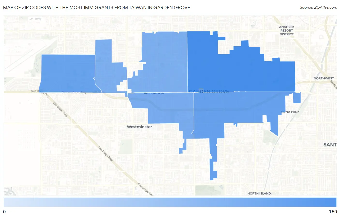 Zip Codes with the Most Immigrants from Taiwan in Garden Grove Map