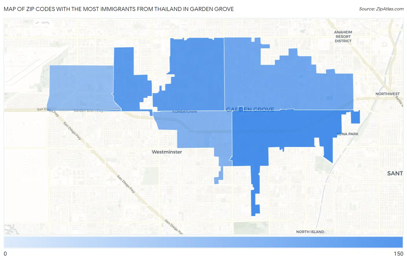 Zip Codes with the Most Immigrants from Thailand in Garden Grove Map
