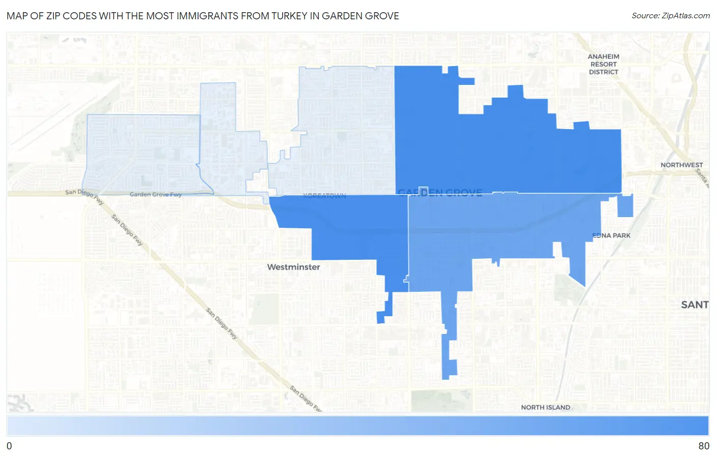 Zip Codes with the Most Immigrants from Turkey in Garden Grove Map