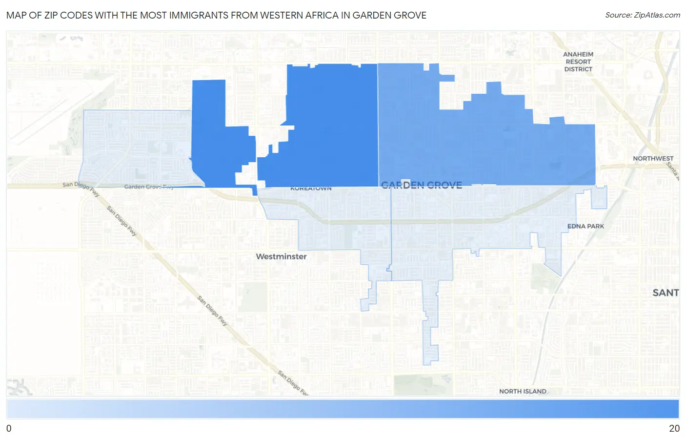 Zip Codes with the Most Immigrants from Western Africa in Garden Grove Map