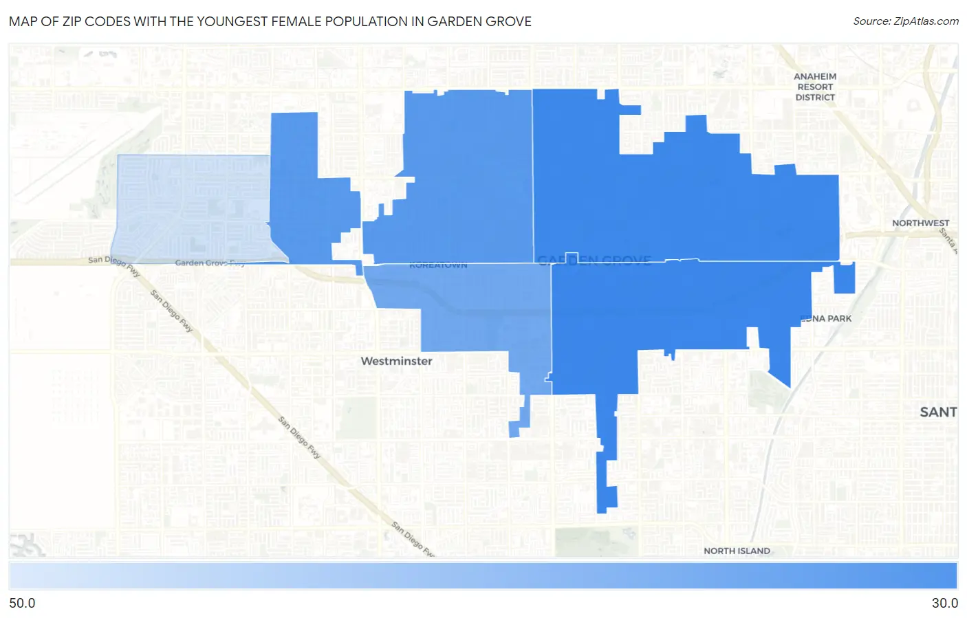 Zip Codes with the Youngest Female Population in Garden Grove Map