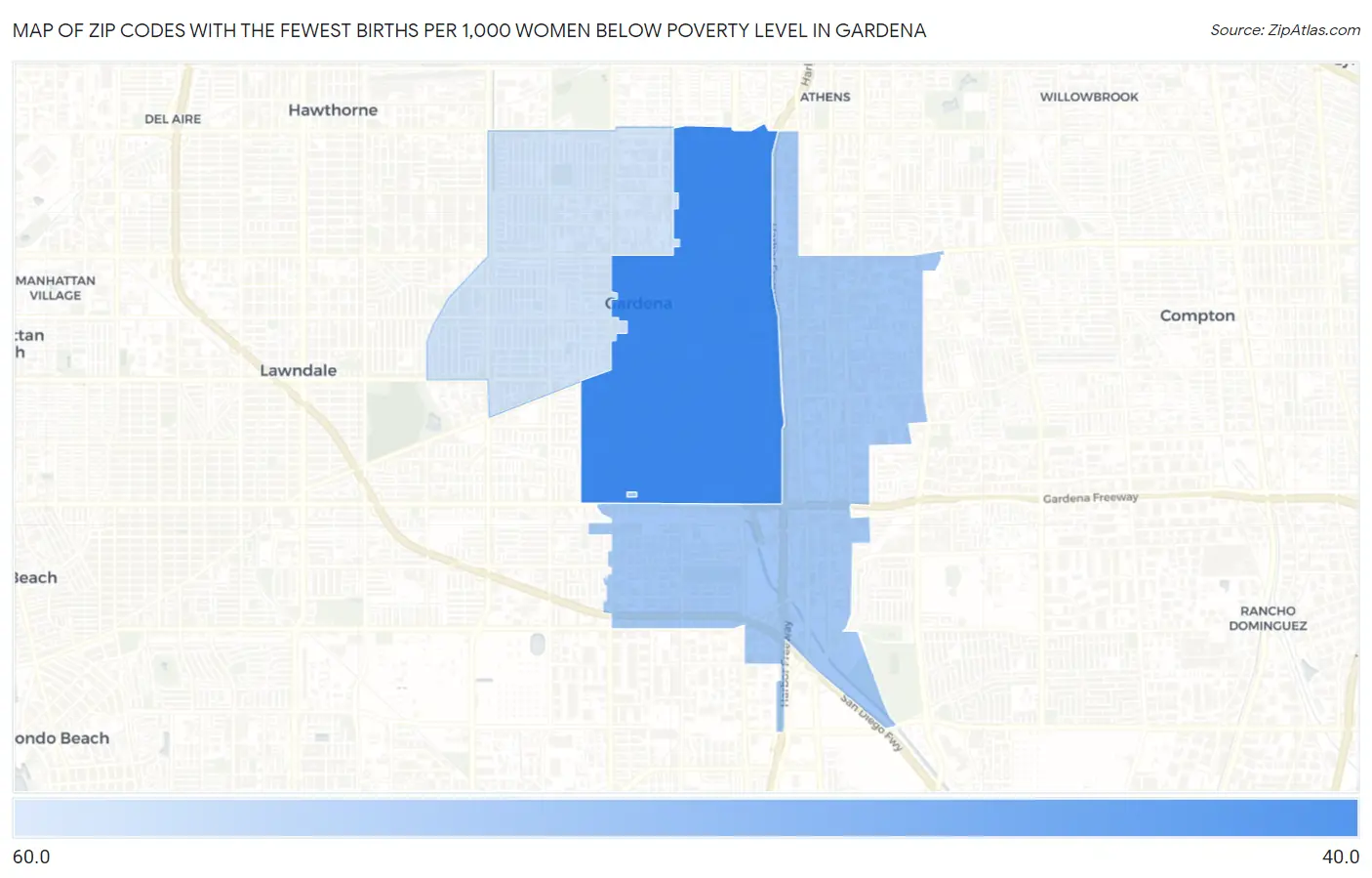 Zip Codes with the Fewest Births per 1,000 Women Below Poverty Level in Gardena Map