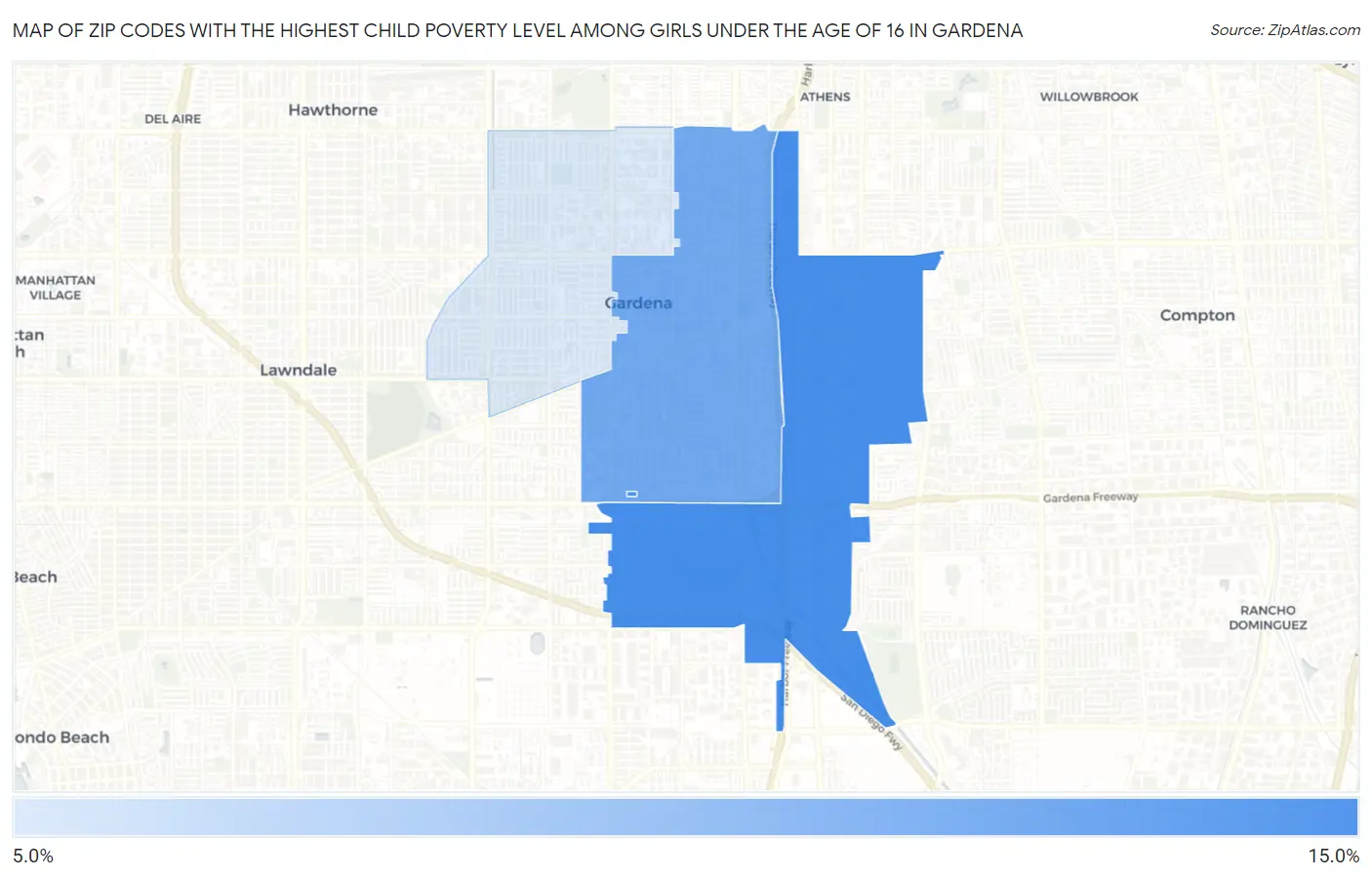 Zip Codes with the Highest Child Poverty Level Among Girls Under the Age of 16 in Gardena Map