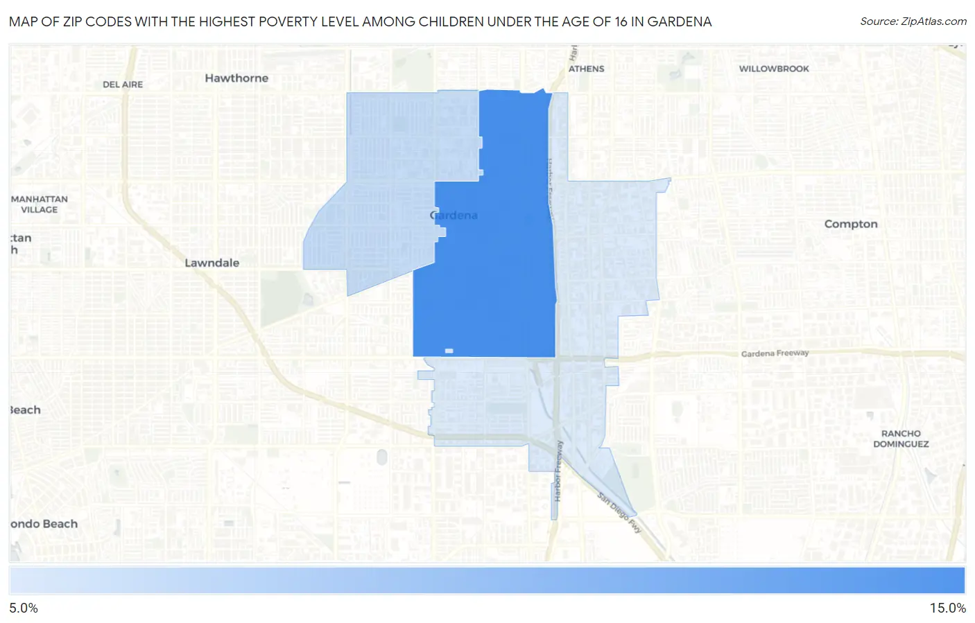 Zip Codes with the Highest Poverty Level Among Children Under the Age of 16 in Gardena Map
