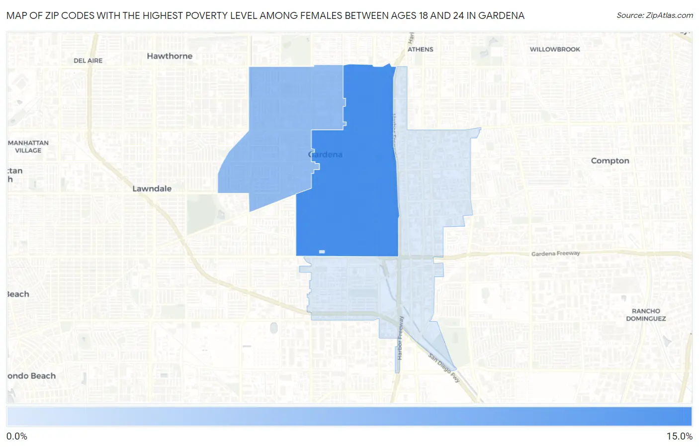Zip Codes with the Highest Poverty Level Among Females Between Ages 18 and 24 in Gardena Map
