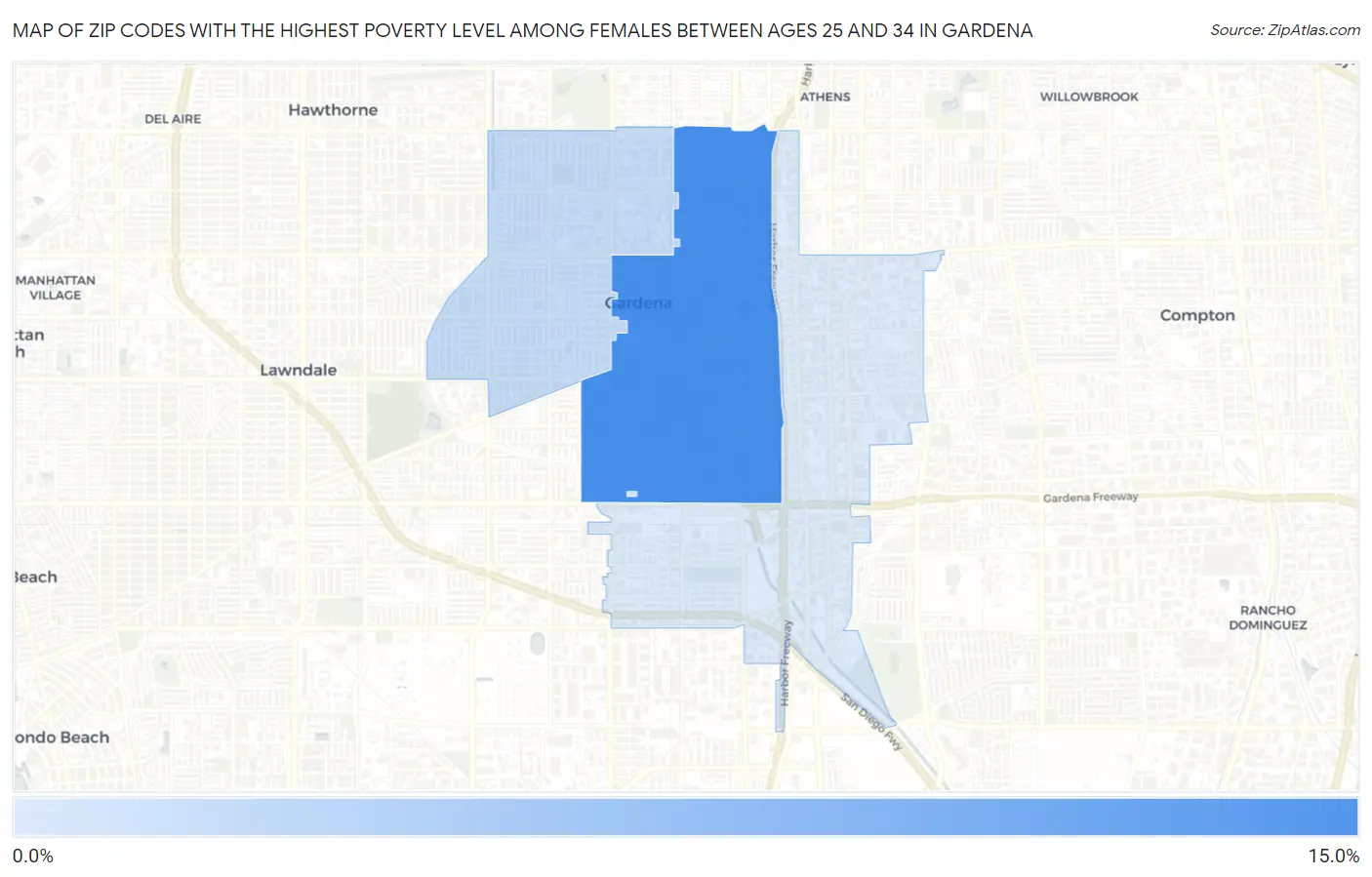 Zip Codes with the Highest Poverty Level Among Females Between Ages 25 and 34 in Gardena Map