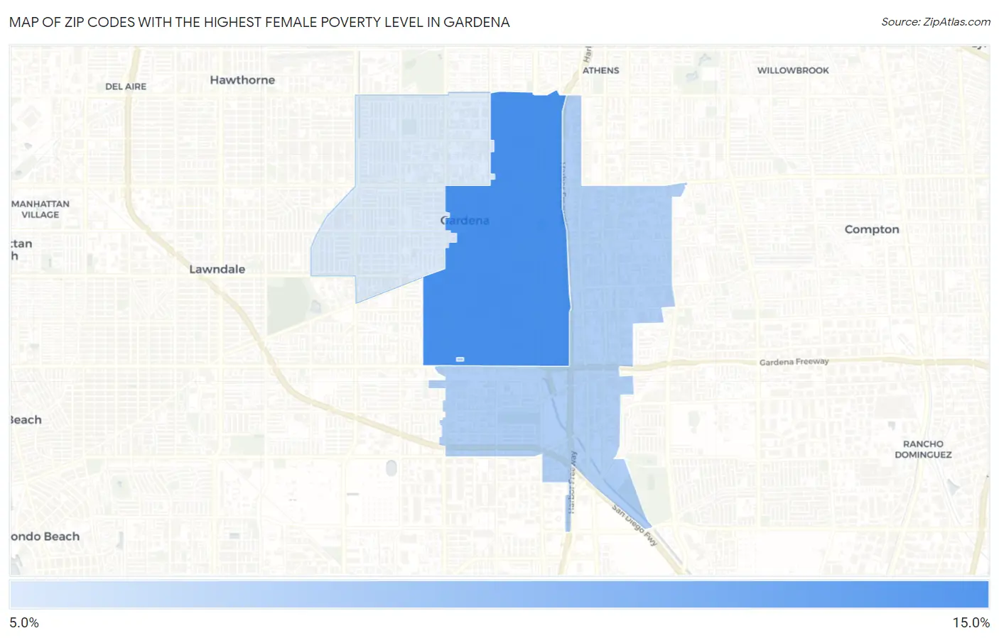 Zip Codes with the Highest Female Poverty Level in Gardena Map