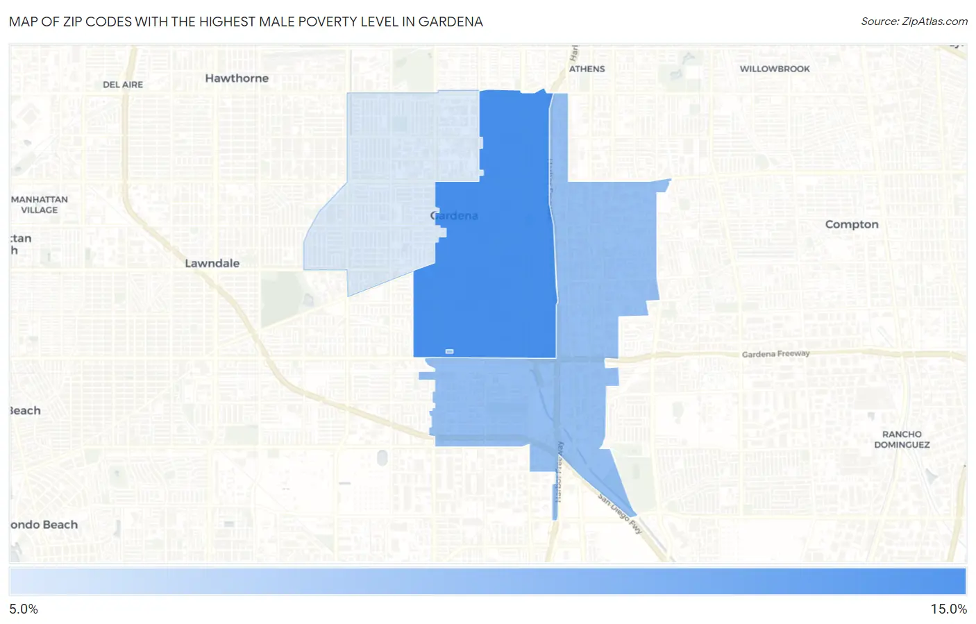 Zip Codes with the Highest Male Poverty Level in Gardena Map