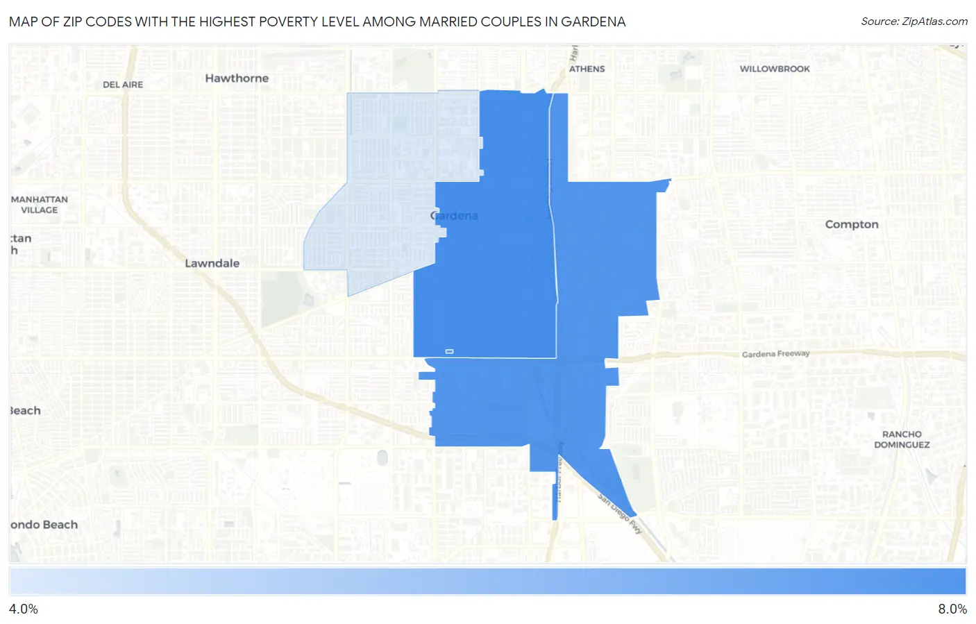 Zip Codes with the Highest Poverty Level Among Married Couples in Gardena Map