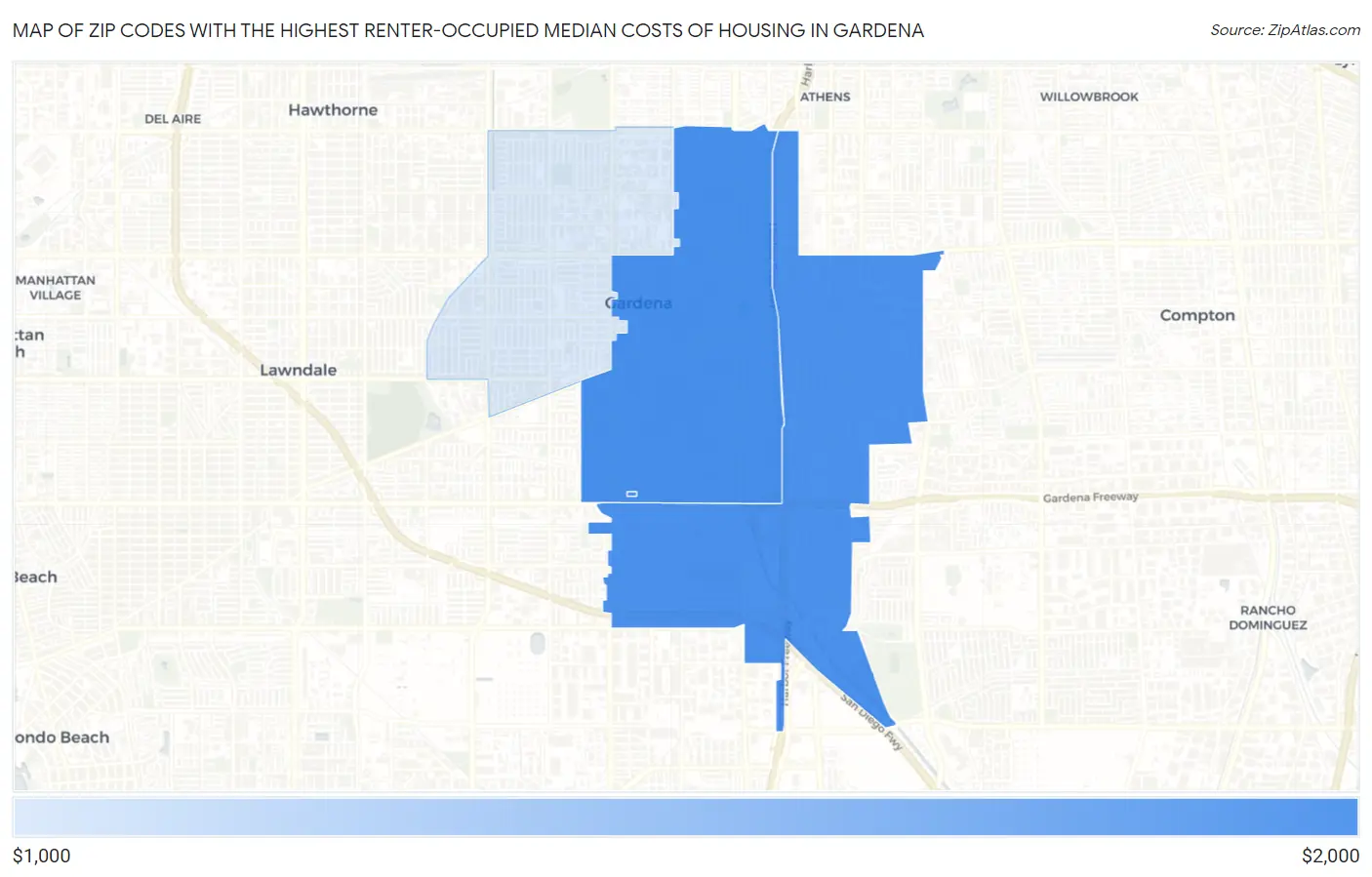 Zip Codes with the Highest Renter-Occupied Median Costs of Housing in Gardena Map