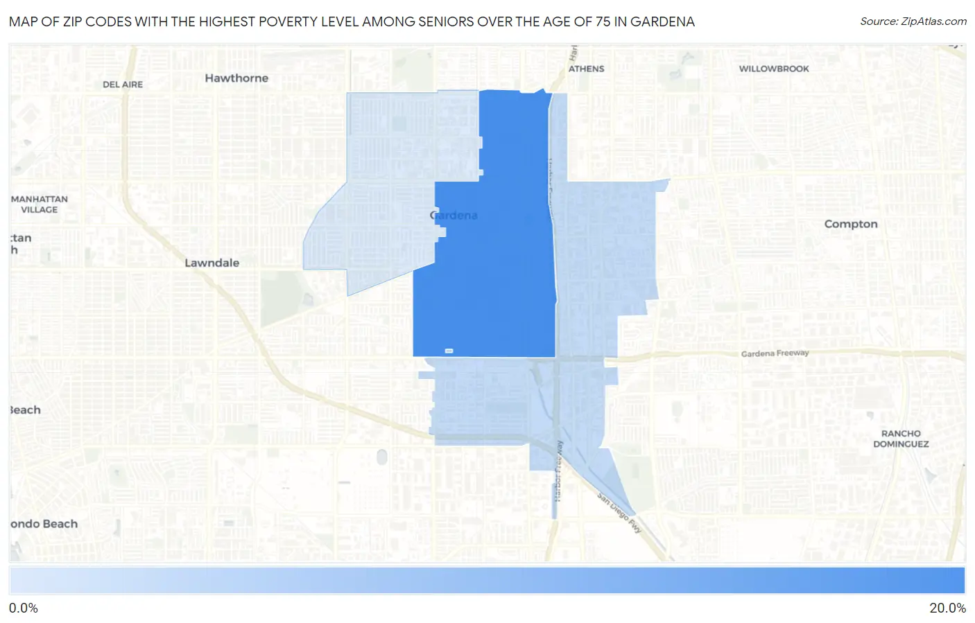 Zip Codes with the Highest Poverty Level Among Seniors Over the Age of 75 in Gardena Map