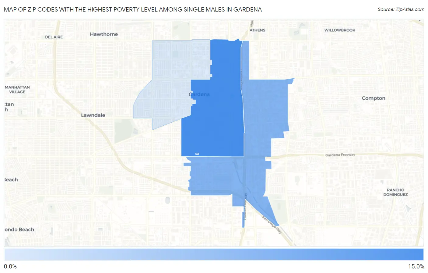 Zip Codes with the Highest Poverty Level Among Single Males in Gardena Map