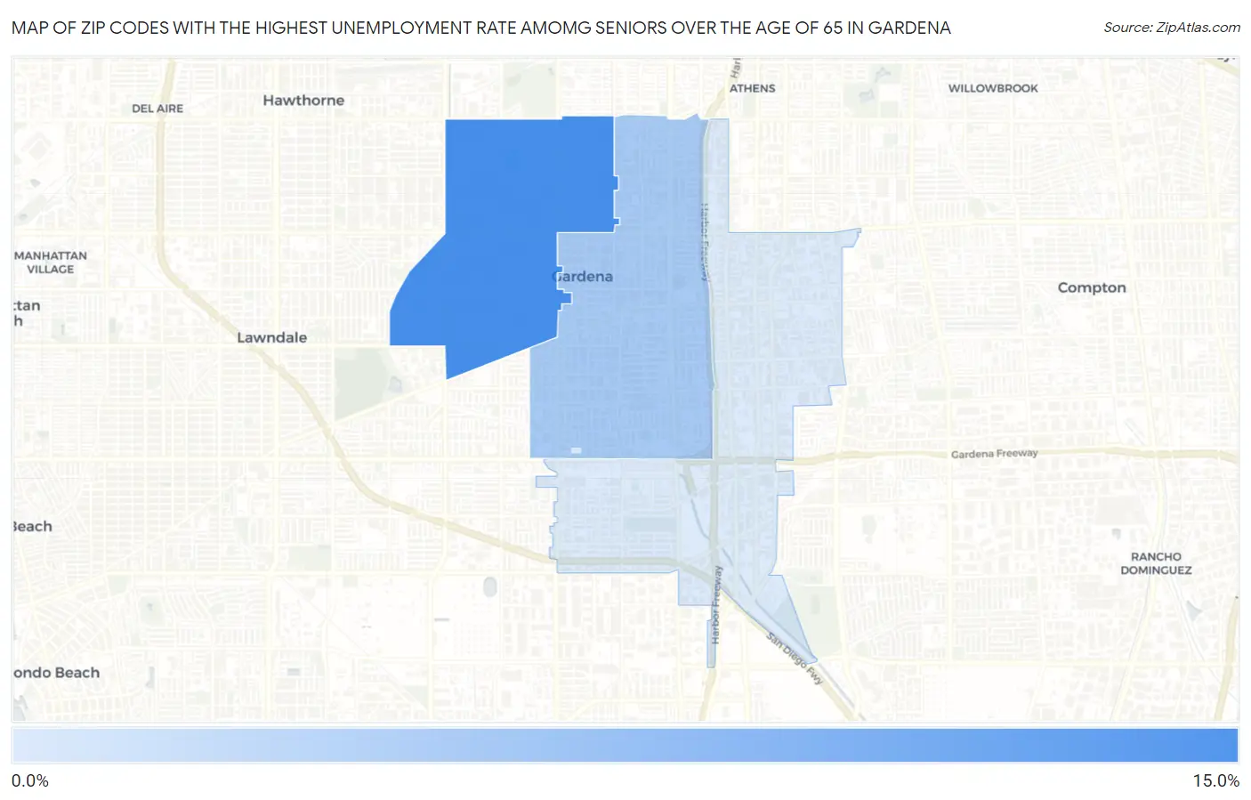Zip Codes with the Highest Unemployment Rate Amomg Seniors Over the Age of 65 in Gardena Map