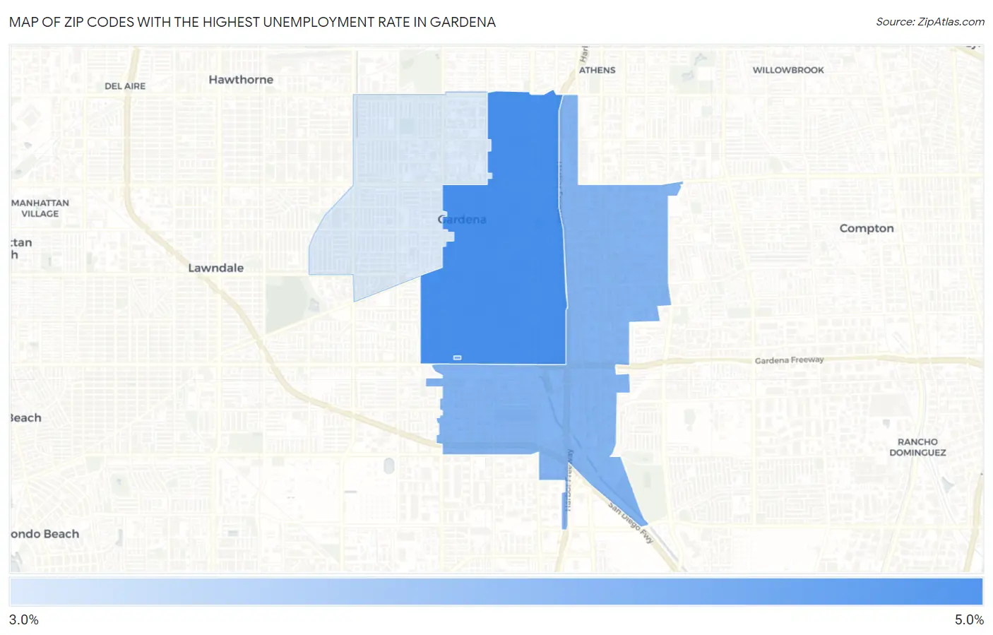 Zip Codes with the Highest Unemployment Rate in Gardena Map