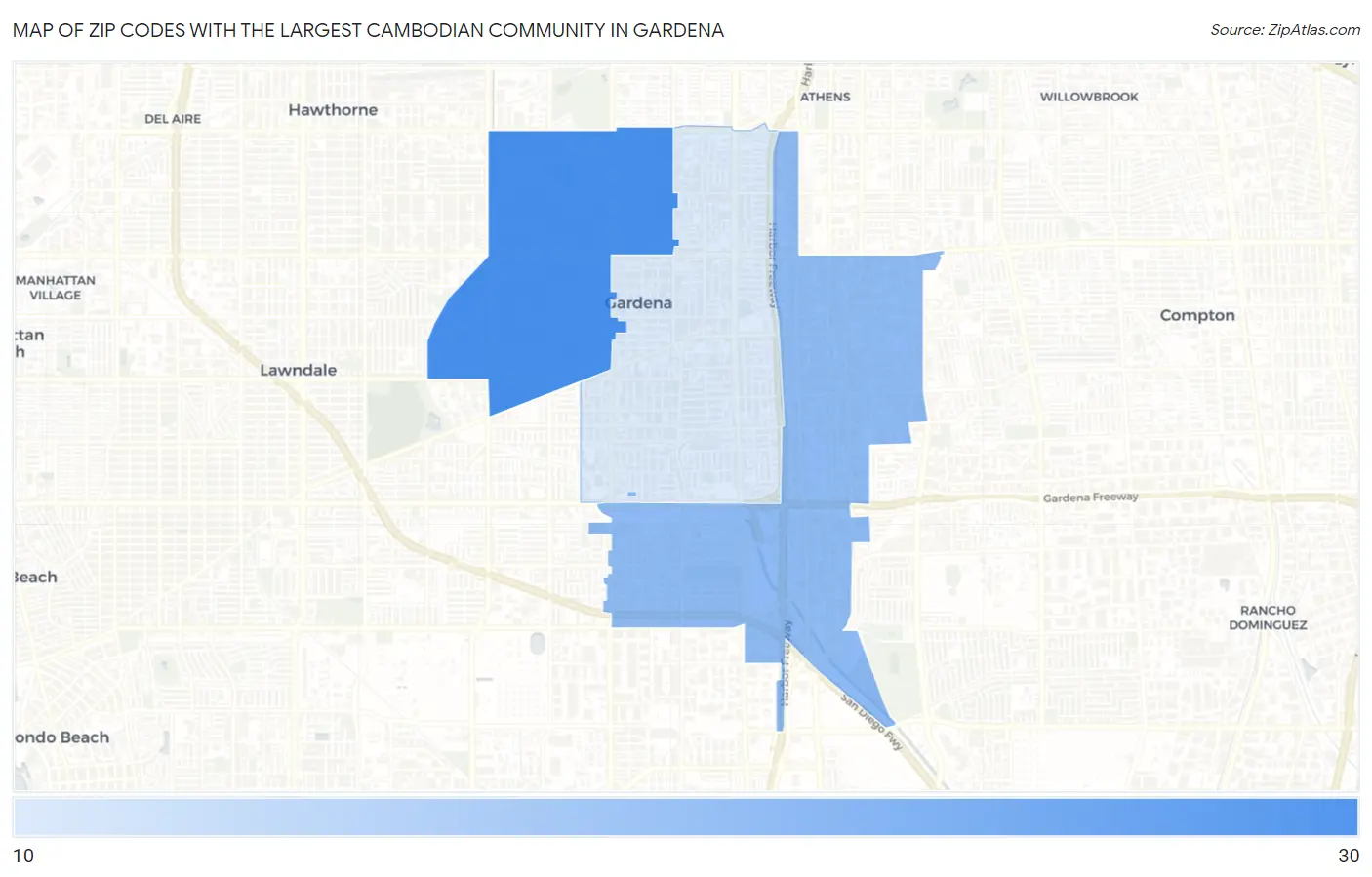 Zip Codes with the Largest Cambodian Community in Gardena Map