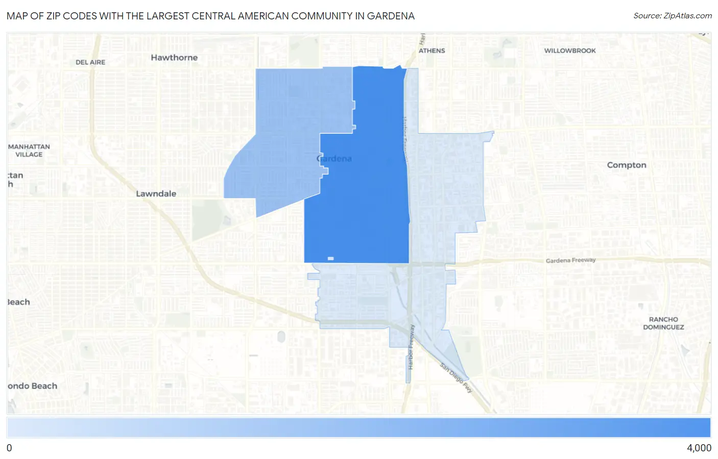 Zip Codes with the Largest Central American Community in Gardena Map