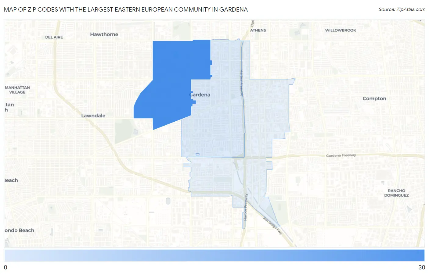 Zip Codes with the Largest Eastern European Community in Gardena Map