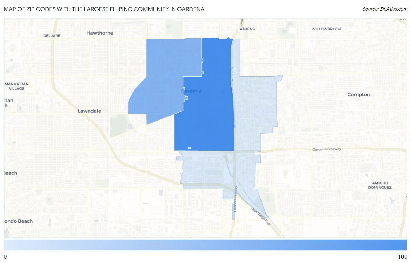 Zip Codes with the Largest Filipino Community in Gardena Map