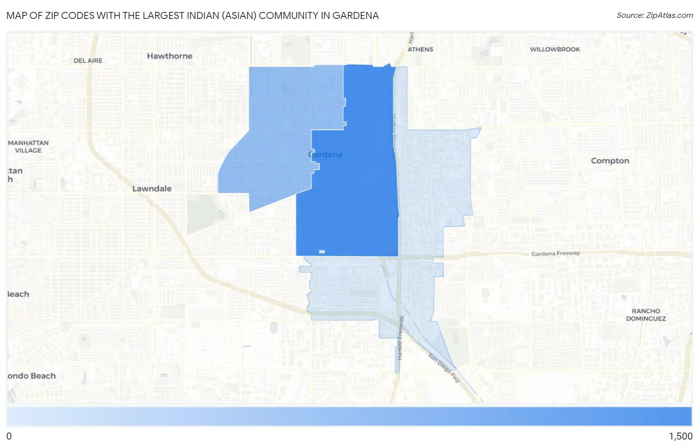 Zip Codes with the Largest Indian (Asian) Community in Gardena Map