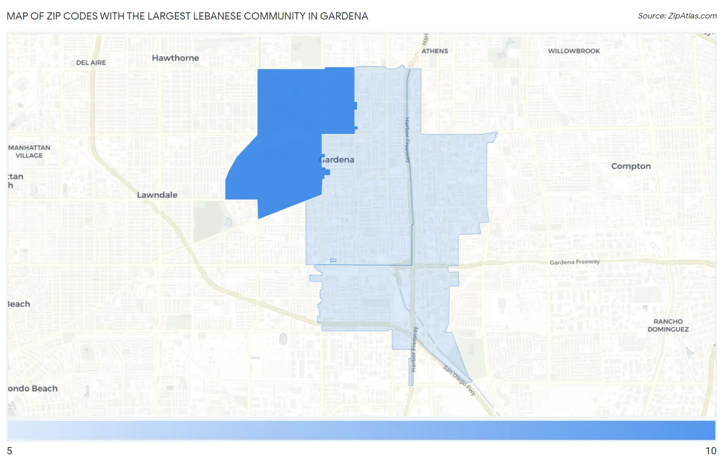 Zip Codes with the Largest Lebanese Community in Gardena Map