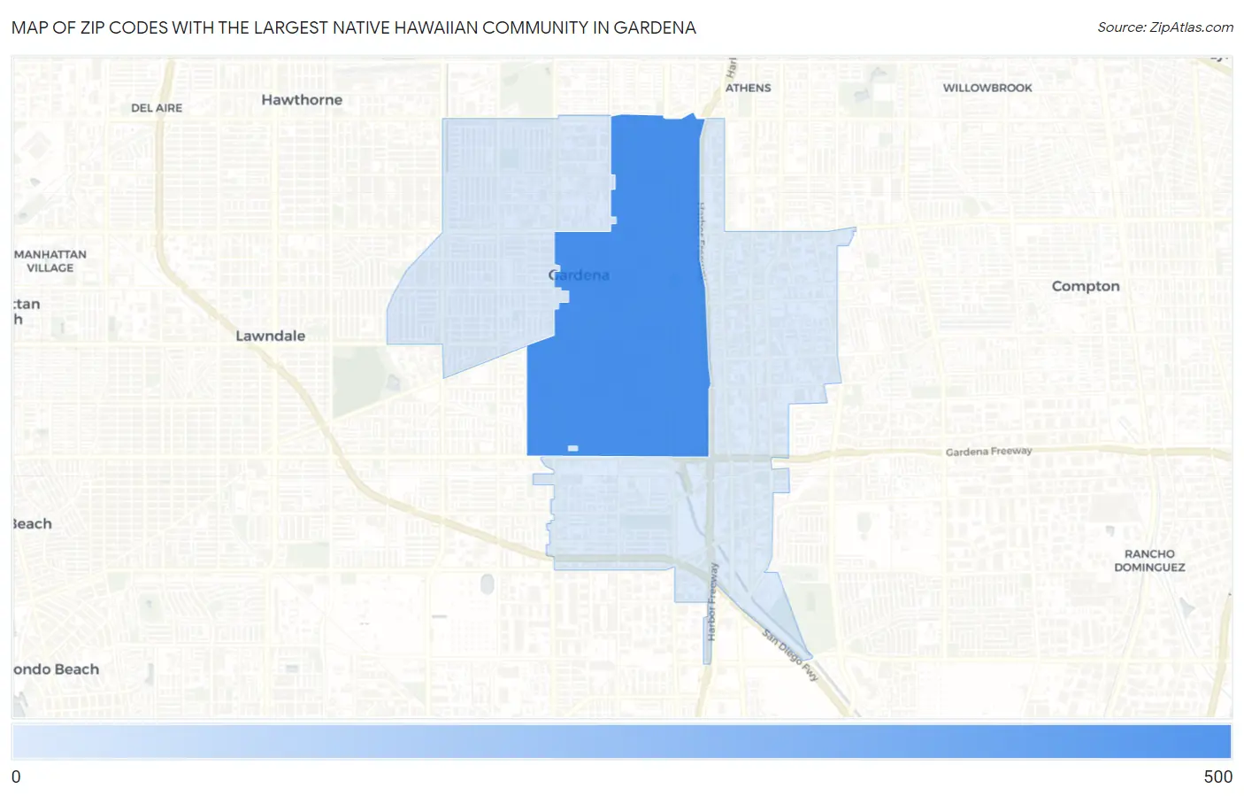 Zip Codes with the Largest Native Hawaiian Community in Gardena Map
