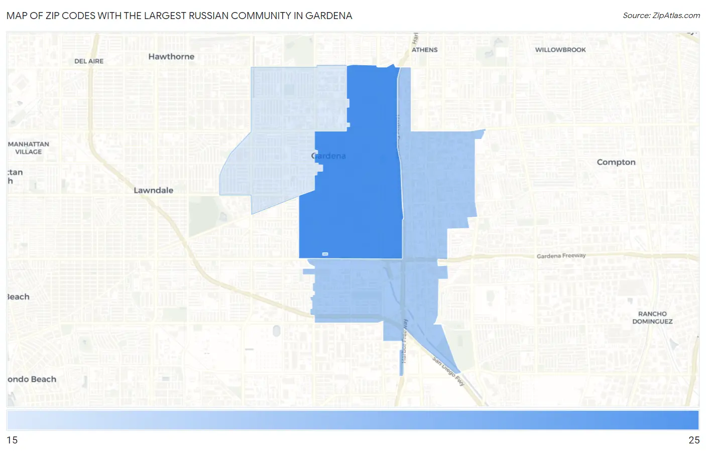 Zip Codes with the Largest Russian Community in Gardena Map