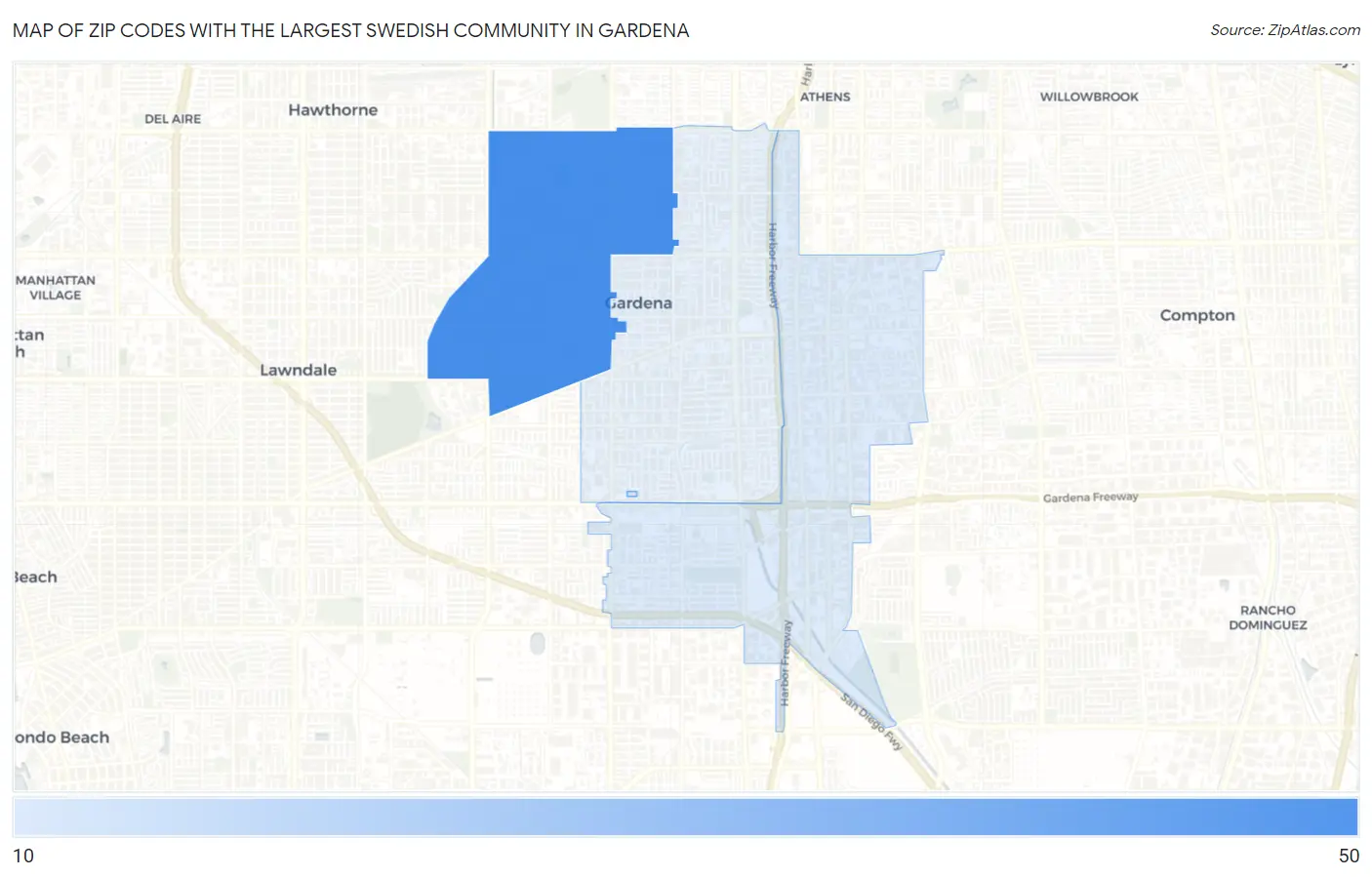 Zip Codes with the Largest Swedish Community in Gardena Map