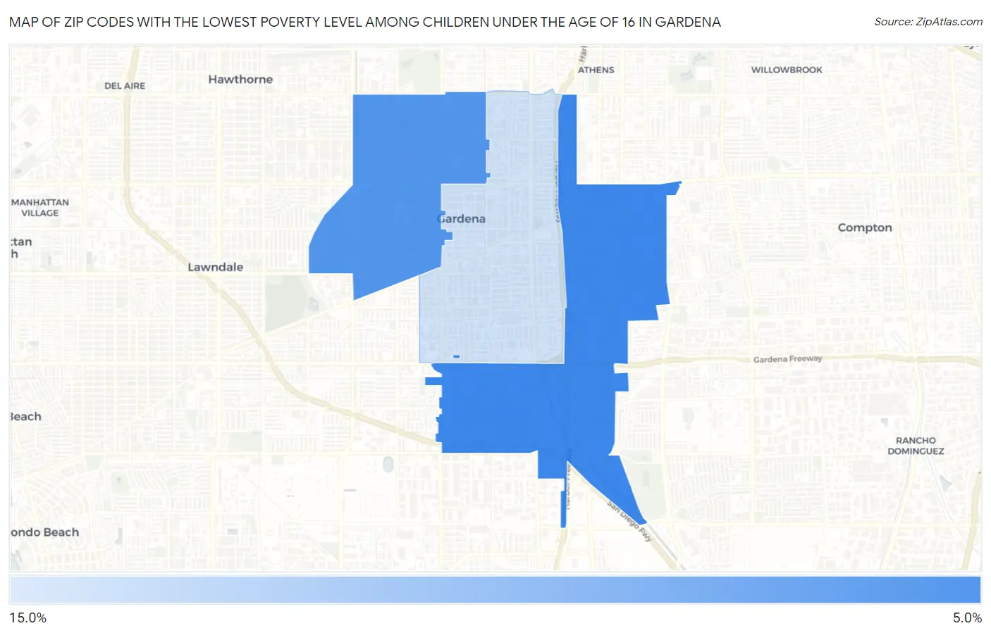 Zip Codes with the Lowest Poverty Level Among Children Under the Age of 16 in Gardena Map
