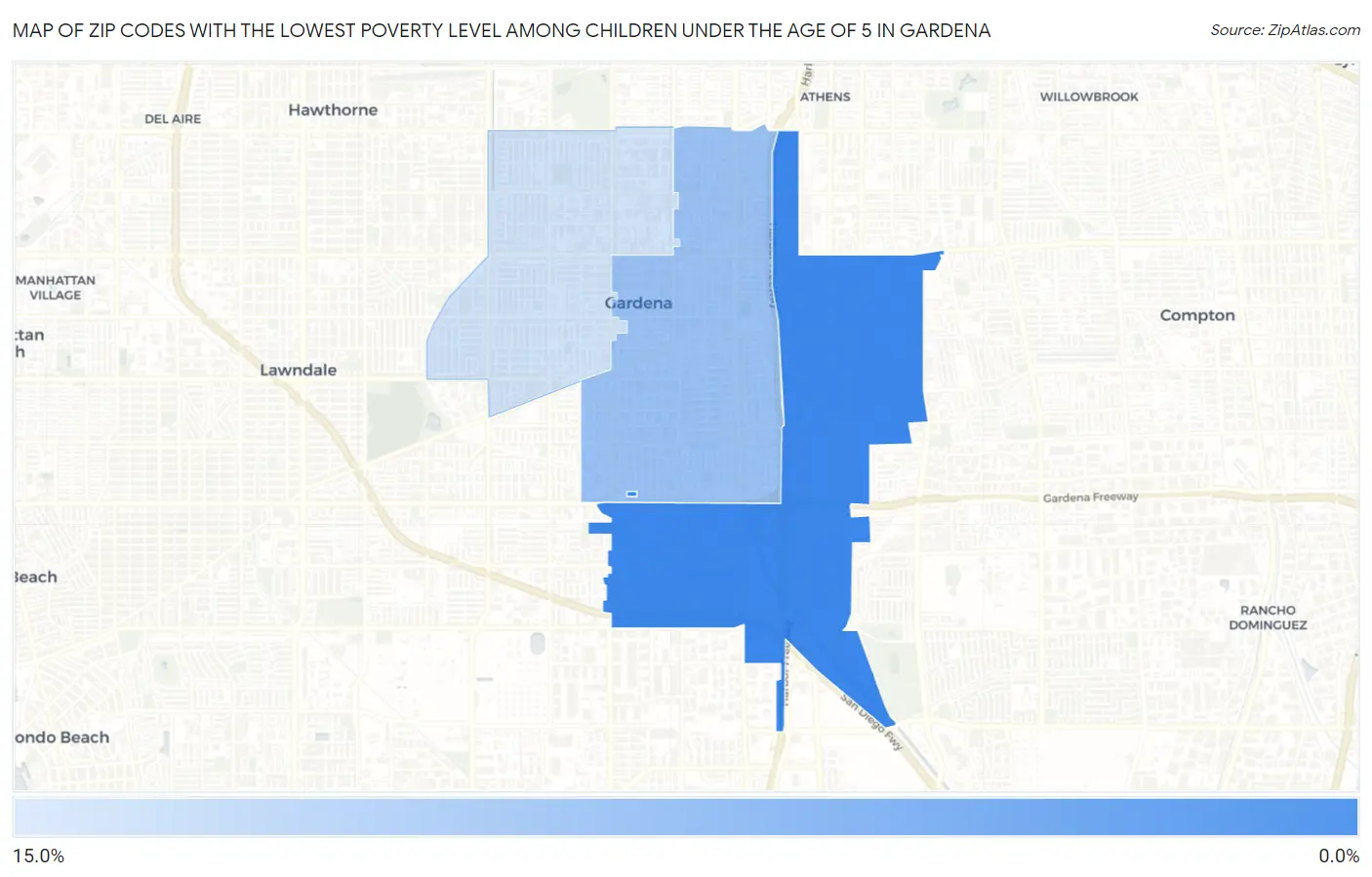Zip Codes with the Lowest Poverty Level Among Children Under the Age of 5 in Gardena Map
