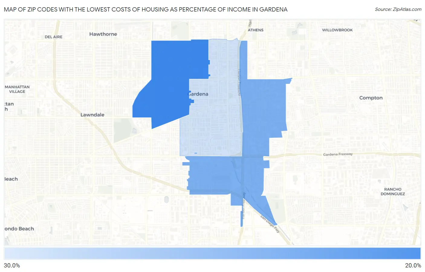 Zip Codes with the Lowest Costs of Housing as Percentage of Income in Gardena Map