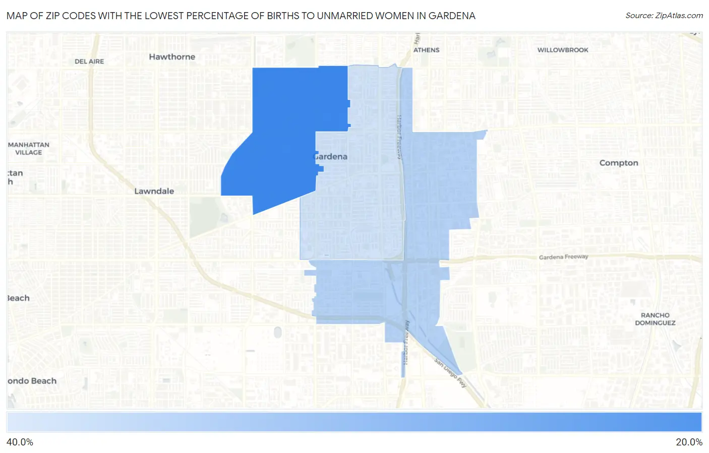Zip Codes with the Lowest Percentage of Births to Unmarried Women in Gardena Map