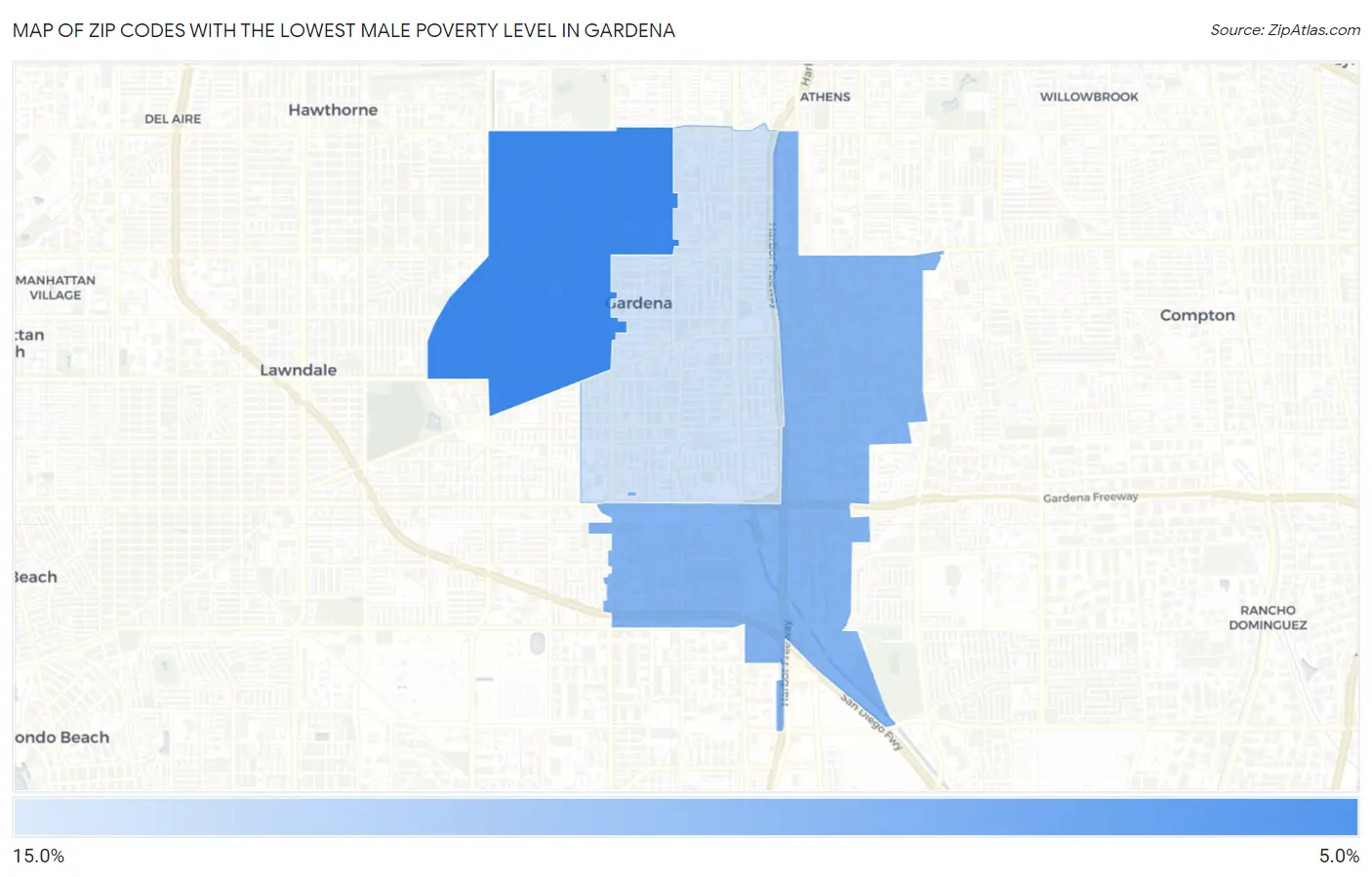Zip Codes with the Lowest Male Poverty Level in Gardena Map